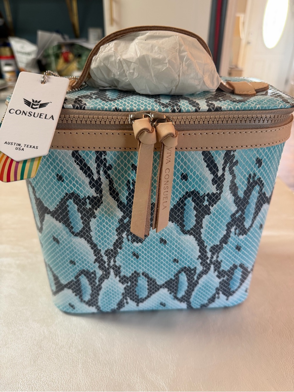 Consuela Turquoise Snake-Print Cosmetic Case with Tan Trim
